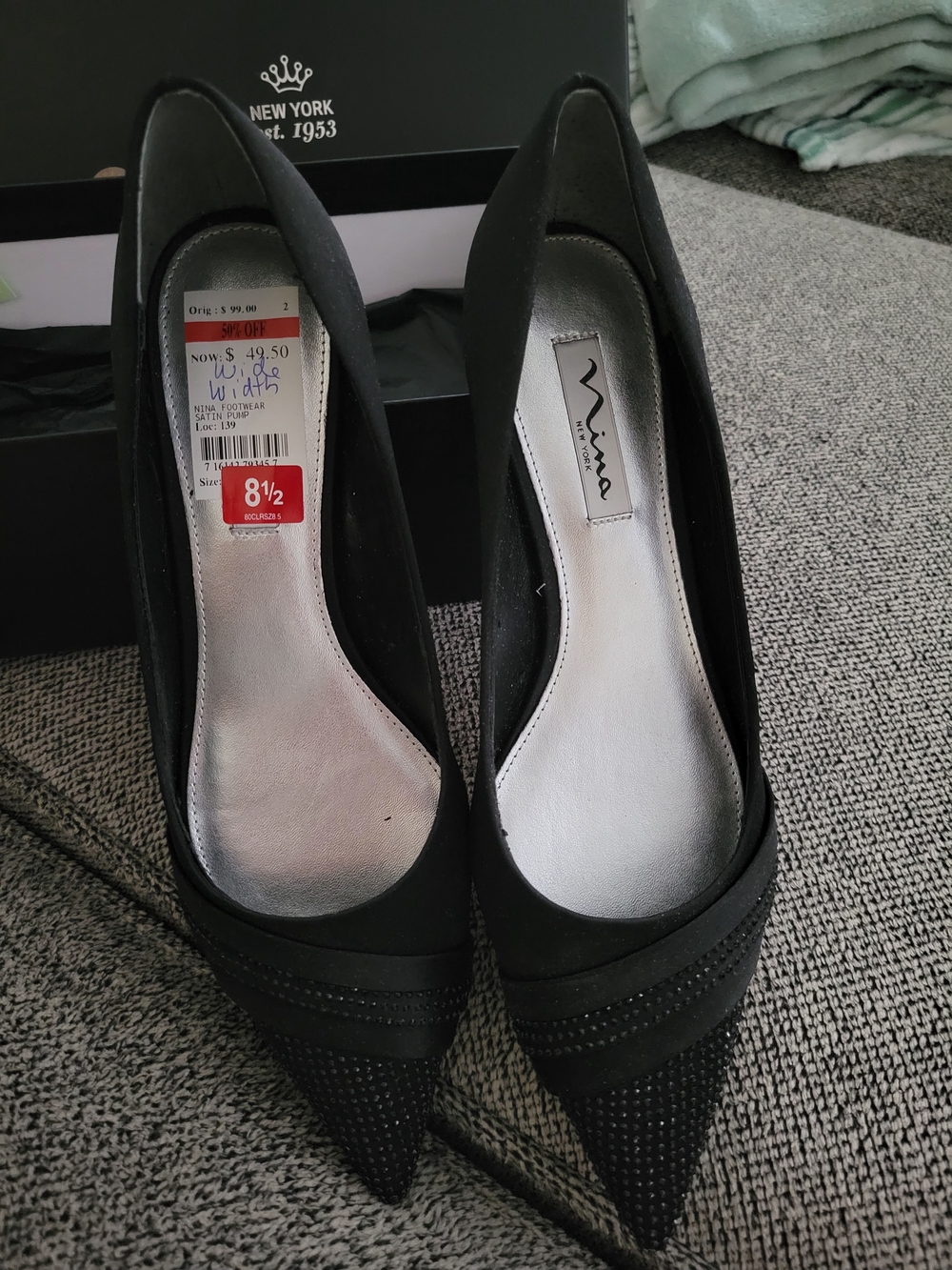 Nina Black Pointed Toe Rhinestone Pumps